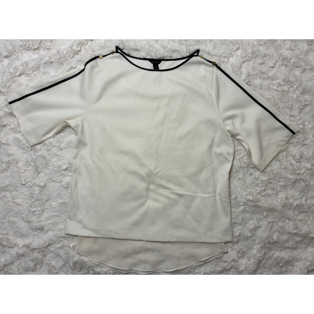 Ann‎ Taylor Ivory White Black Trim Faux Leather Shoulder Button Blouse Small